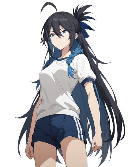score_9,score_8_up,score_7_up,white background,simple background,gym_uniform,gym_shorts,
<lora:gutu_pony:0.6>,gutu,1girl,solo,blue eyes,long hair,black hair,ahoge,braid,bangs,hair between eyes,feathers,<lora:Anime_Screencap:1>,anime screencap,medium breasts,thighs,