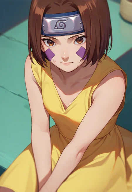 score_9, score_8_up, score_7_up, source_anime, 1girl, nohara rin, short hair, brown hair, brown eyes, purple facial mark, forehead protector, yellow sundress, sitting, <lora:Nohara Rin 1 rep-000010:1>