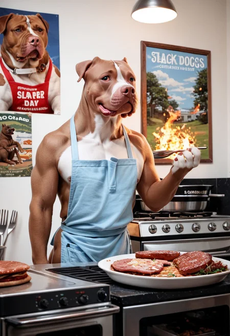 score_9, score_8_up, score_7_up, score_6_up, score_5_up, score_4_up, source_real, source_photo, pit_bull, bbq, fire, steaks, cooking, apron, summer day, poster, <lora:guard_dogs_pxl:1>