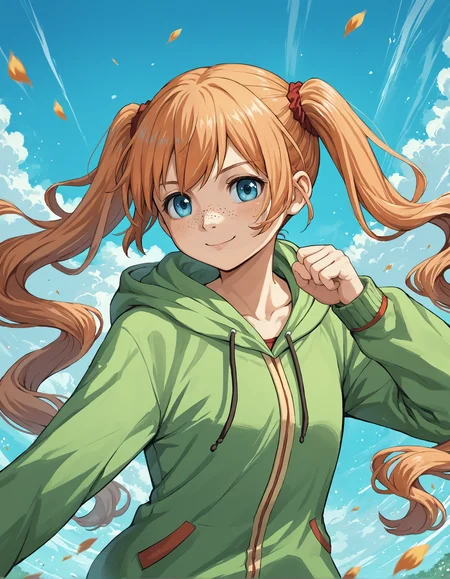 score_9, score_8_up, source_anime, 1girl, upper body, medium shot, detailed, mgrcyukarimiyuri, orange hair, twintails, freckles, blue eyes, red scrunchies, green hoodie, dynamic pose, wind, light smile,  <lora:mgrcyukarimiyuri_XL:0.9>