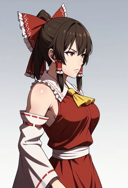 awakeningportraits, portraits, 
1girl, hakurei reimu, 
brown hair, brown eyes, short hair, 
ponytail, 
yellow ascot, 
red shirt, hair bow, 
detached sleeves, white sleeves, 
toned, curvy, large breasts, 
upper body, 
from side, 
looking ahead, 
serious, 
white background, 
gradient background, 
large breasts,