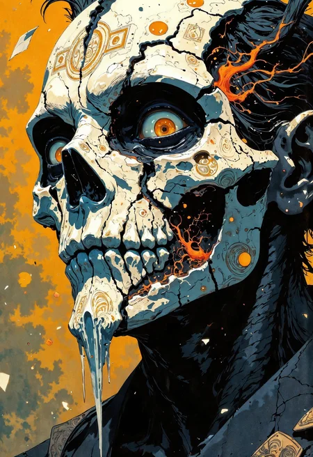 (in Otomo Katsuhiro style:1.2), masterpiece, high-quality, A close-up of a mysterious figure with a porcelain mask cracked down the center revealing glowing tendrils of energy underneath, The masks surface is adorned with intricate carvings of ancient symbols and faint embers drift from the cracks, The background is a hazy abstract swirl of warm and cool tones suggesting an otherworldly void, fractured mask, glowing tendrils, surreal close-up, (Stylized in a mix of dark surrealism and intricate line art:1.1), (elaborate fine details:1.1), (hyperdetailed:1.1), (intricate details:1.0), (Refined details:1.1), (best quality:1.1), (high resolution:1.2), <lora:FLUX\Anime v1.3:0.6> <lora:FLUX\VividlyReal:0.6> <lora:FLUX\FLUX-daubrez-DB4RZ:0.4>