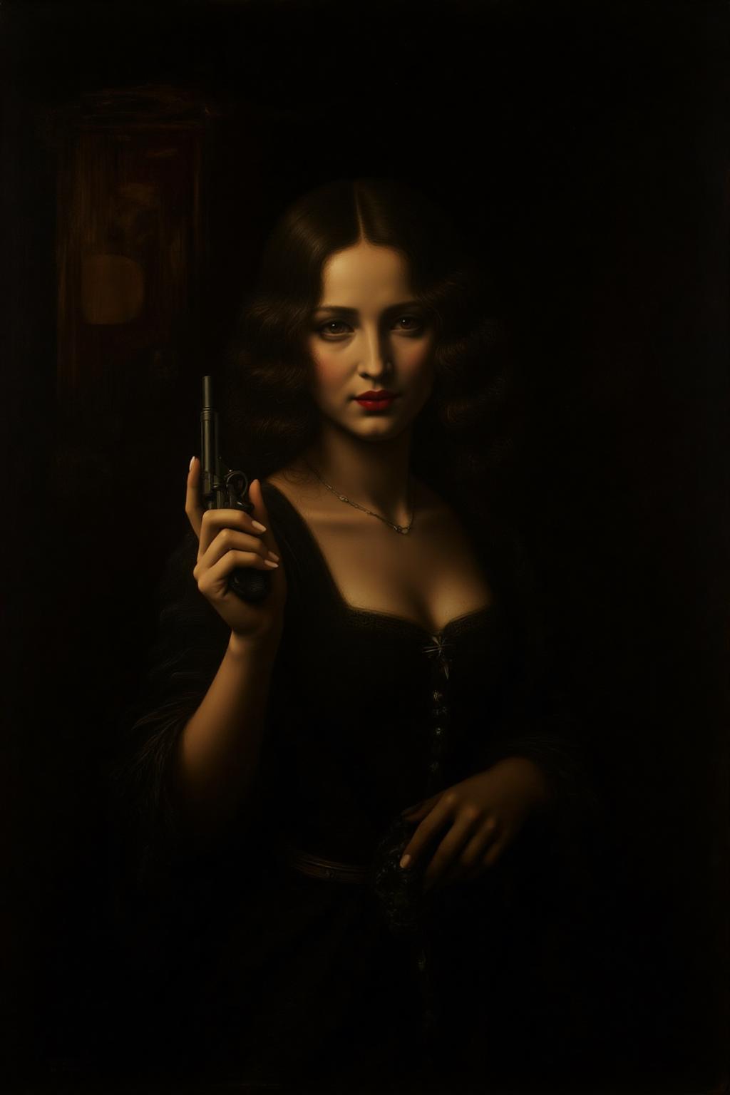 davinci1 painting.
a mysterious woman with dark, wavy hair and piercing eyes stands in the shadows of a dimly lit room. She is holding a small revolver with a delicate yet firm grip. Her red lipstick is the only color that stands out in the darkness, her intentions unclear but dangerous <lora:davinci1_cap_d6a3e12:1.0><lora:852100381629531093:0>