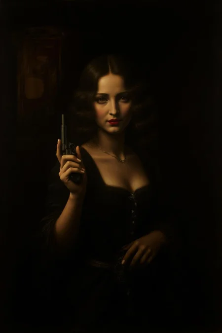 davinci1 painting.
a mysterious woman with dark, wavy hair and piercing eyes stands in the shadows of a dimly lit room. She is holding a small revolver with a delicate yet firm grip. Her red lipstick is the only color that stands out in the darkness, her intentions unclear but dangerous <lora:davinci1_cap_d6a3e12:1.0><lora:852100381629531093:0>