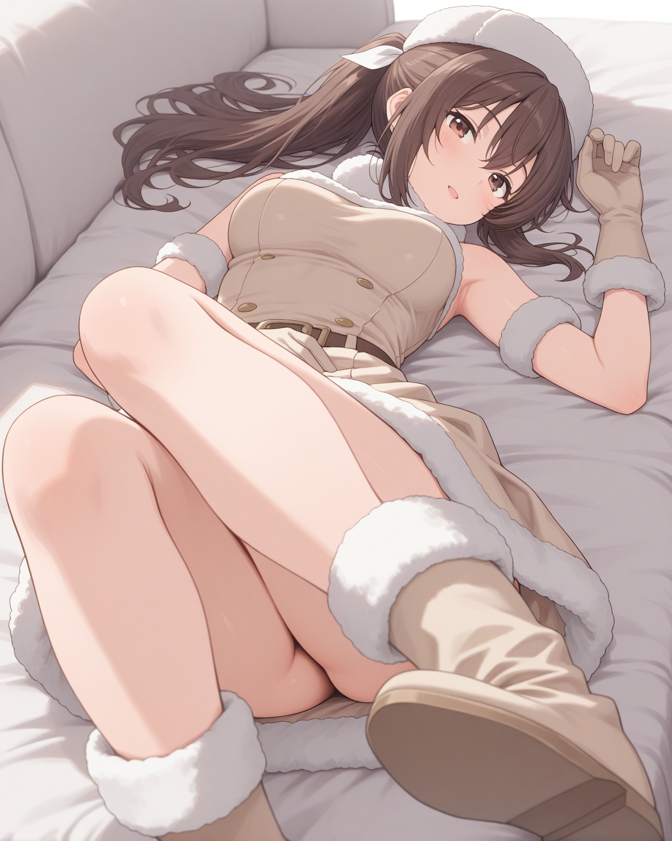 (beige dress fur-trimmed dress fur-trimmed hat fur-trimmed gloves fur-trimmed boots:1.50), 
bof-sally, brown eyes, (brown hair), sidelocks, bangs, hair between eyes, ponytail, white hair ribbon,
medium breasts, 1girl, 
(masterpiece, highres, ultra-detailed,very aesthetic, best quality, absurdres, high quality, highres), 
happy,
lying down,
(feet:1.10), 
BREAK,
,
,
(solo:0.80), (skinny:0.8),
(),
<lora:bof-sally-V02-illXL:0.80>