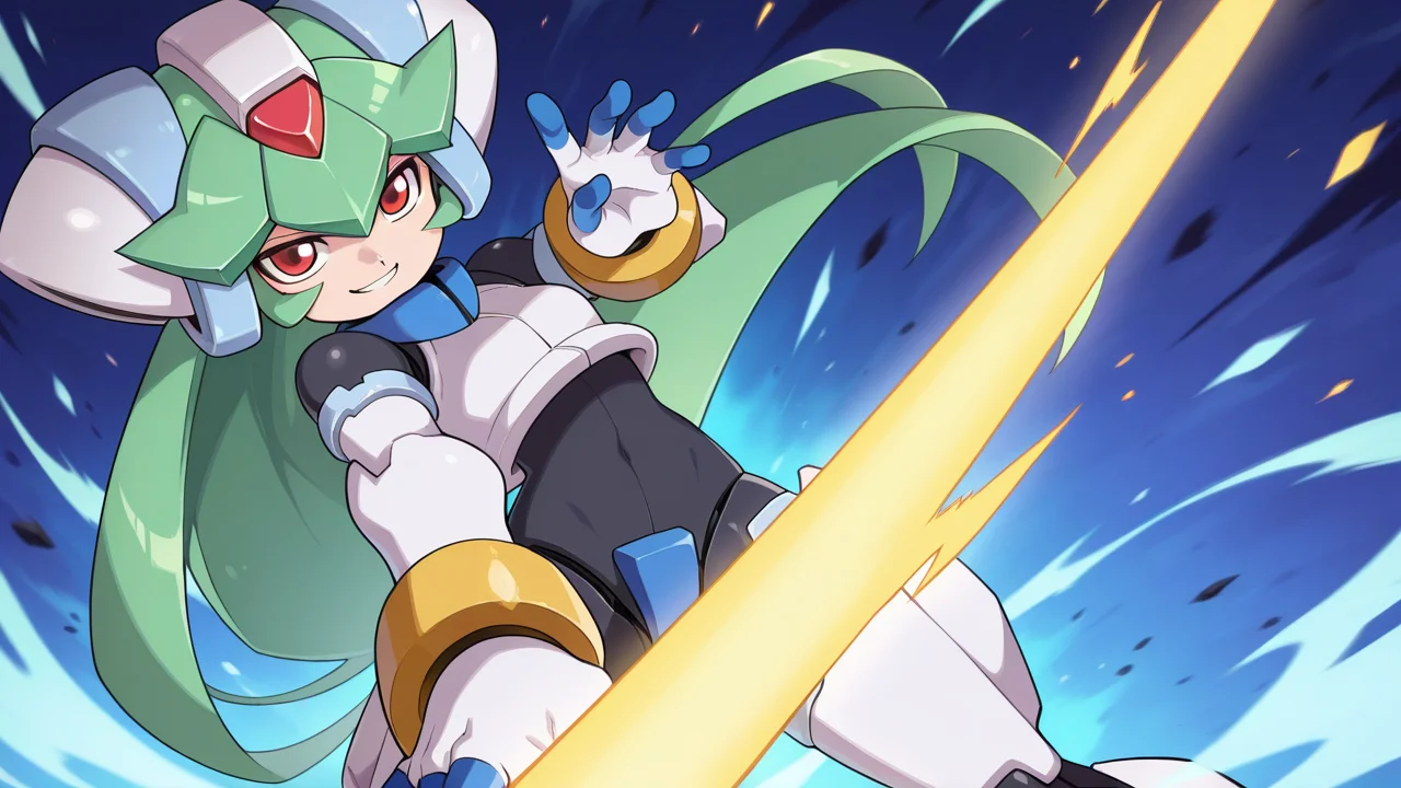 solo, dynamic camera, incoming attack, aiming, fighting stance,, masterpiece, best quality, amazing quality, very aesthetic, absurdres, newest, anime screencap, <lora:pandoraILM:1>, pandora (mega man), yabe makoto, mega man zx, model w (mega man), android, bangs, red eyes, long hair, very long hair, green hair, white helmet, headwear, forehead jewel, white armor, robot ears, small breasts, joints, bracelet, white gloves, bodysuit, crop top, covered navel, armor, power armor, crotch plate, holding weapon, holding polearm, holding staff, energy,, incoming attack, aiming at viewer, fighting stance, solo, smirk, looking at viewer, smile, battle,