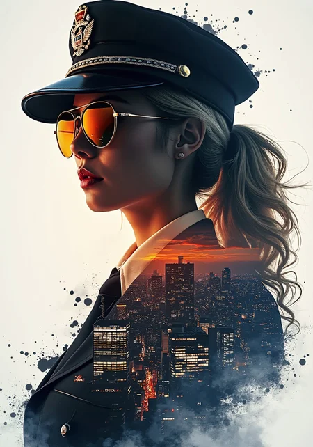 Silhouette Art, magnificent, inksplash double exposure, crisp lines, Osaka cityscape below and to side of closeup portrait of stunning japanese policewoman, blonde loose hair, mirrorred aviator sunglasses, police cap, directional lighting