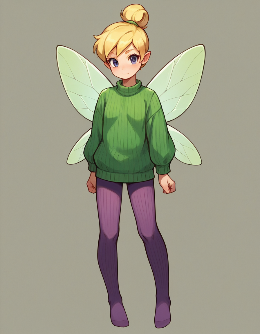 zPDXL, score_9, score_8_up, score_7_up, source_anime, 1girl, solo, 
<lora:Cotton_v2:0.8> ribbed tights, violet legwear, no shoes, Tinker Bell, fairy, blonde hair, fairy wings, sweater,