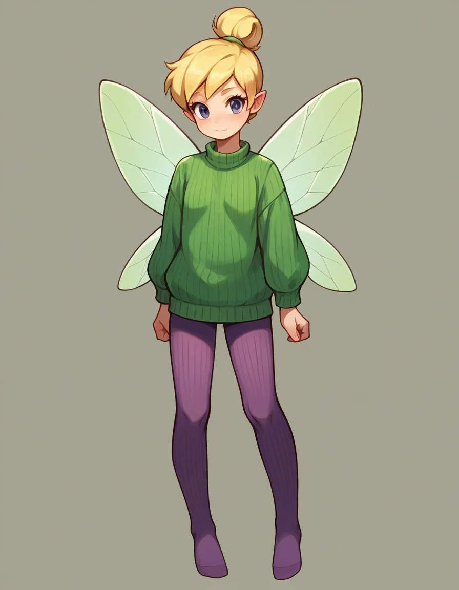 zPDXL, score_9, score_8_up, score_7_up, source_anime, 1girl, solo,
<lora:Cotton_v2:0.8> ribbed tights, violet legwear, no shoes, Tinker Bell, fairy, blonde hair, fairy wings, sweater,