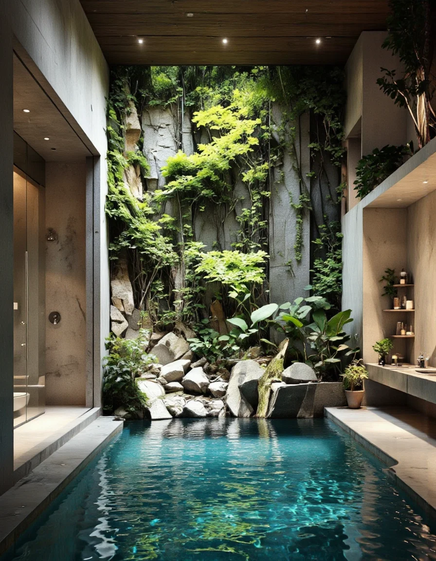 futuristic design. A photo-realistic shoot from a bird's eye view about a luxurious indoor swimming pool with a lush green wall behind it. the image also shows a modern bathroom with a minimalist design, featuring a wooden ceiling, a large glass door that allows natural light to filter through, and a stone wall with plants and rocks. on the left side of the image, there is a walk-in shower with a glass door, and on the right side, there are shelves with toiletries and potted plants. the pool is filled with clear, rippled water, and there are rocks and plants around it, creating a serene and tranquil atmosphere.