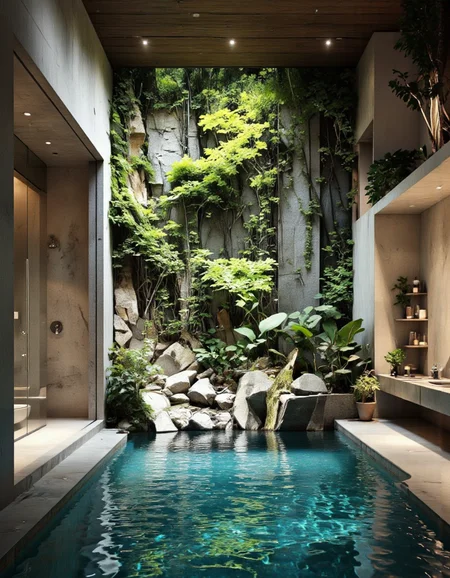 futuristic design. A photo-realistic shoot from a bird's eye view about a luxurious indoor swimming pool with a lush green wall behind it. the image also shows a modern bathroom with a minimalist design, featuring a wooden ceiling, a large glass door that allows natural light to filter through, and a stone wall with plants and rocks. on the left side of the image, there is a walk-in shower with a glass door, and on the right side, there are shelves with toiletries and potted plants. the pool is filled with clear, rippled water, and there are rocks and plants around it, creating a serene and tranquil atmosphere.