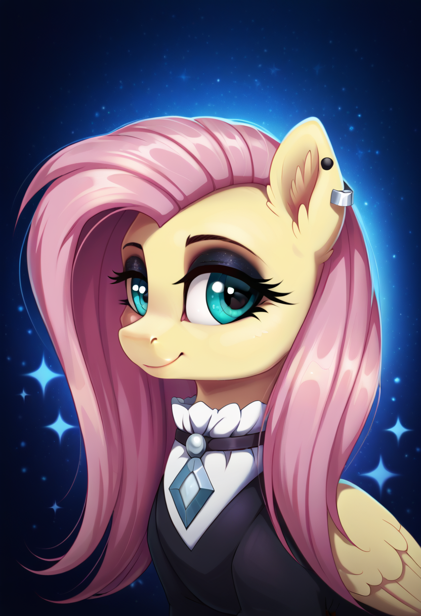score_9, score_8_up, score_7_up, score_6_up, score_5_up, score_4_up, my little pony, ((feral pony)),   1girl, ((solo)), (sexy),beautifully detailed, (detailed cute pony face), ((detailed blue starry background:1.5)), ((woman)), high angle, (cute smile:1.0), ((up-close))  1girl, ((solo)), (sexy), 
Fluttershy, black dress with white cuffs and collar decorated with blue diamonds, ear piercing, black eyelids <lora:Fluttergoth:0.8> <lora:Wholesome_MLP-v1.0:1> <lora:OtherStyle_01:1>