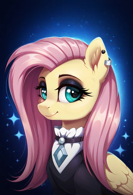 score_9, score_8_up, score_7_up, score_6_up, score_5_up, score_4_up, my little pony, ((feral pony)), 1girl, ((solo)), (sexy),beautifully detailed, (detailed cute pony face), ((detailed blue starry background:1.5)), ((woman)), high angle, (cute smile:1.0), ((up-close)) 1girl, ((solo)), (sexy),
Fluttershy, black dress with white cuffs and collar decorated with blue diamonds, ear piercing, black eyelids <lora:Fluttergoth:0.8> <lora:Wholesome_MLP-v1.0:1> <lora:OtherStyle_01:1>