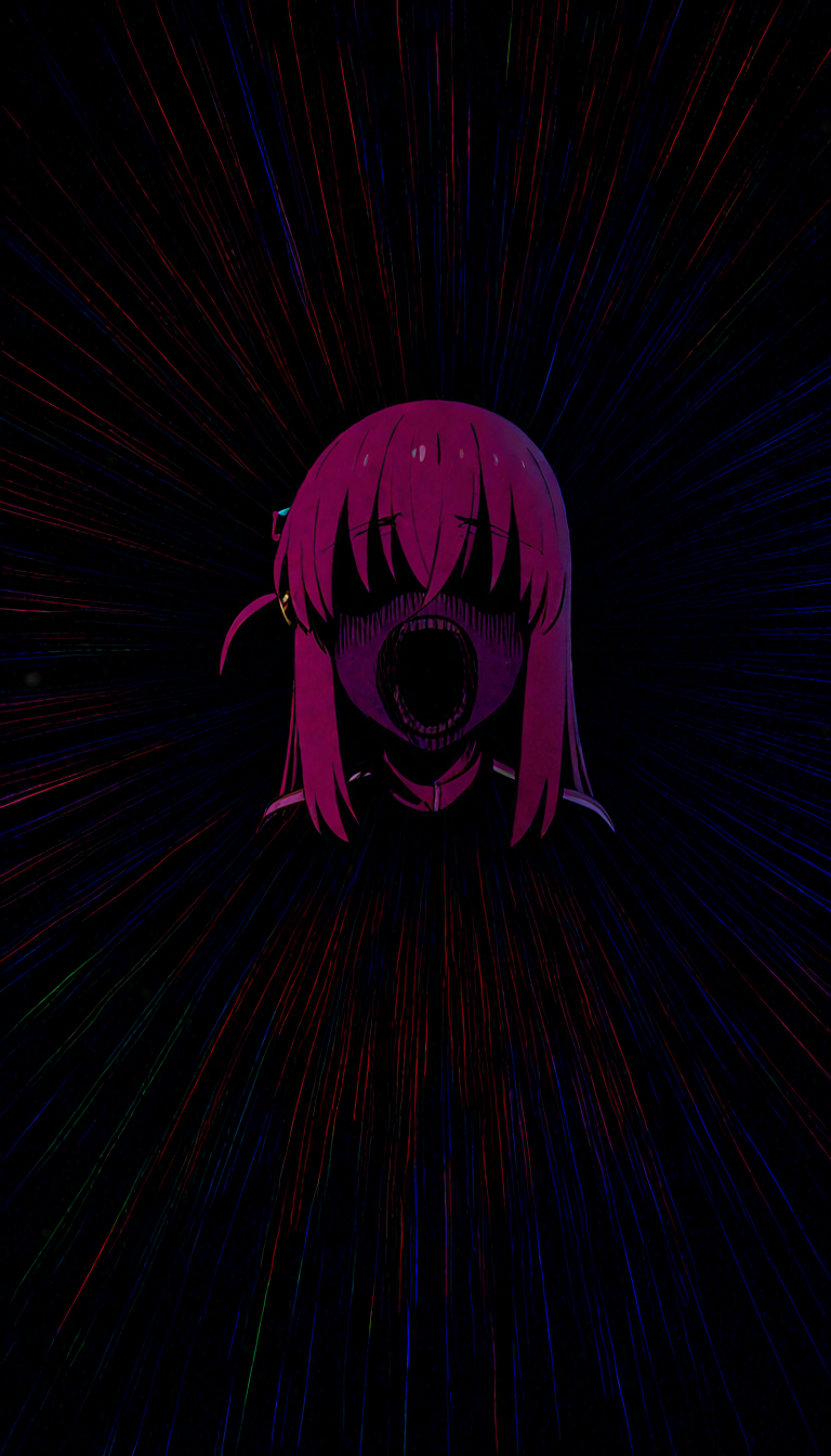 masterpiece, best quality, amazing quality, very aesthetic, absurdres, highres, newest, HDR, 8K, high detail, subtle, high contrast, real background, smooth shading, glossy surfaces, colorful depth, 
1girl, solo, gotoh hitori,pink hair, bocchi the rock!, Munch's Scream,