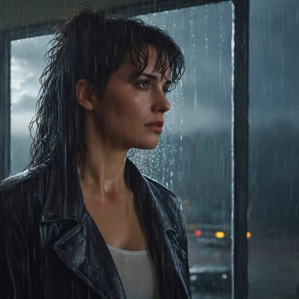 Hyperrealistic art of  <lora:graphic novel style:1.2>
1980's a woman in a dark room with a heavy rain in background In the graphic novel style, Extremely high-resolution details, photographic, realism pushed to extreme, fine texture, incredibly lifelike