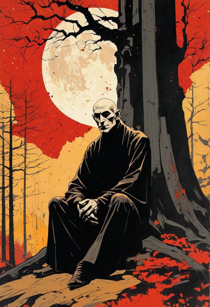 vampire lord nosferatu sitting under a tree, meditating, closed eyes, in the forest, godray, sunshine, (in the style of Frank Frazetta painting) Dean Cornwell, design, 1970s, Russian Constructivist style, double exposure, volumetric lighting, expressive, ancient starchart, ink spattered background, warm colors, space, art deco, splatter, Japanese Woodblock print, planar rectilinear shapes, extreme energy, dynamic posing, Dutch angle, black, Crimson<lora:xl_more_art-full_v1:0.3>