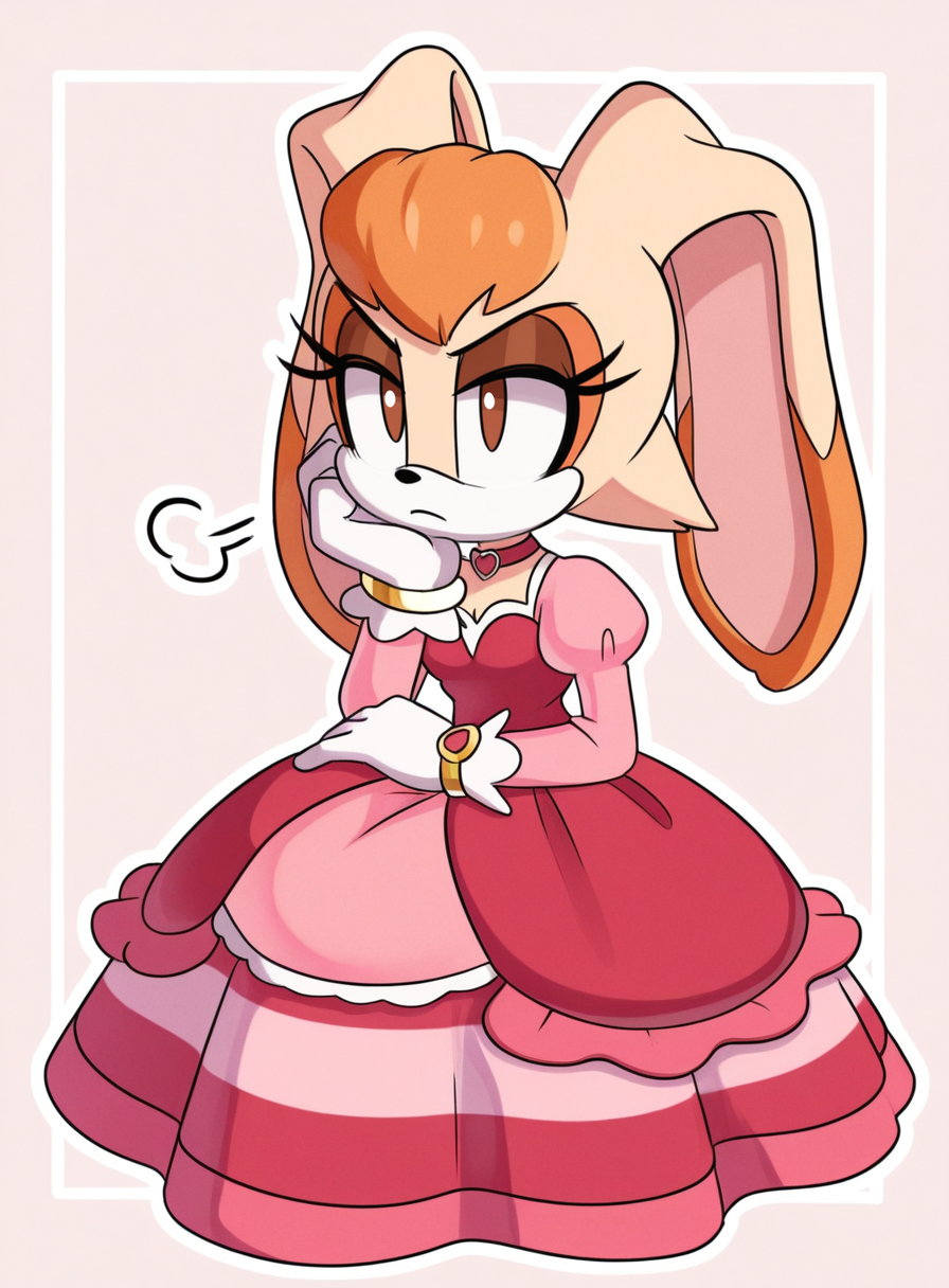 solo, <lora:krack:1> krackstyle, furry, no humans,
vanilla the rabbit, brown eyes, orange fur, enchanted princess gown, sweetheart neckline, juliet sleeves, layered skirt, striped pantyhose, choker, sitting, head resting on hand, bored sigh, half-smile, annoyed attitude, extremely detailed, highres, masterpiece, best quality