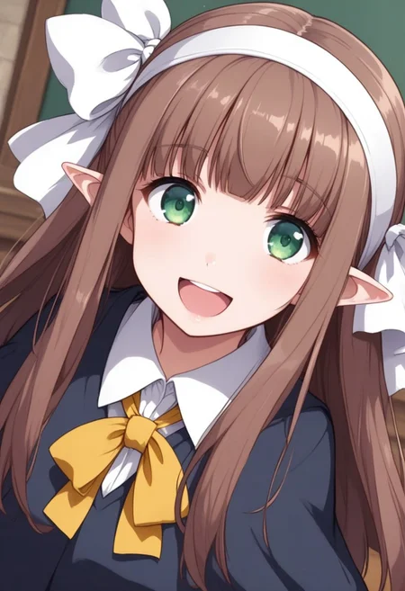 1girl,solo,Hogwarts school uniforms,Harry Potter series,brown hair,green eyes,blunt bangs,white hair ribbon,white hairband,pointy ears,ribbon,kind smile,cheek,open mouth,standing,dramatic angle,Hogwarts,day,