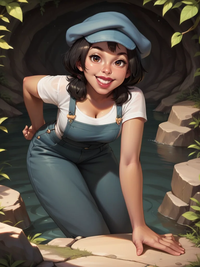 score_9, score_8_up, score_7_up, 1girl, leaning forward, cute pose, cavern, rocks, water, detailed background, detailed background, smile, looking at viewer, smile, cowboy shot, (dynamic pose:1.1), dynamic angle, from below,
<lora:AudreyRocio_character:0.85>, AudreyXLP, black hair, short hair, hat, blue overalls, white shirt, lipstick, dark skin, cartoon, <lora:Realistic_2.5DAnime_Merge1:0.6>