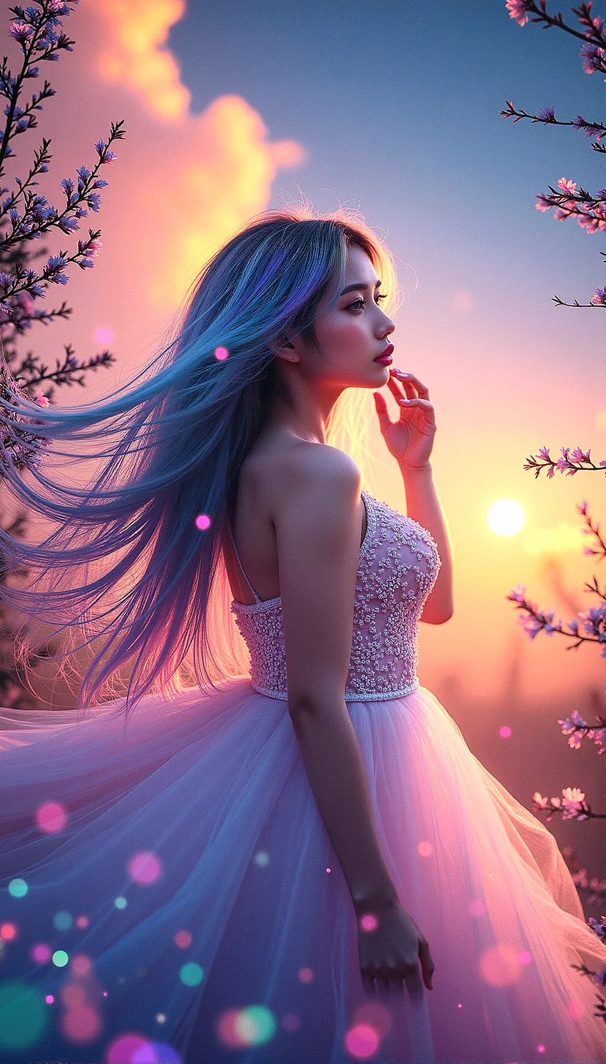 Extreme realism in a complex, highly detailed composition featuring a beautiful voluptuous woman with flowing rainbow-colored hair. The glowing background, with its vibrant colors, exaggerated details, intricate textures, and dynamic lighting, creates a whimsical, dreamy atmosphere in photorealistic quality.
Small, glowing particles floating in the air, adding a magical and ethereal quality to the scene.Clouds with an iridescent sheen, reflecting multiple colors and adding a whimsical touch to the sky.Tree branches that emit a soft light, adding a mystical and natural element to the background.
One hand is gently playing with her hair, her eyes looking softly into the distance.
