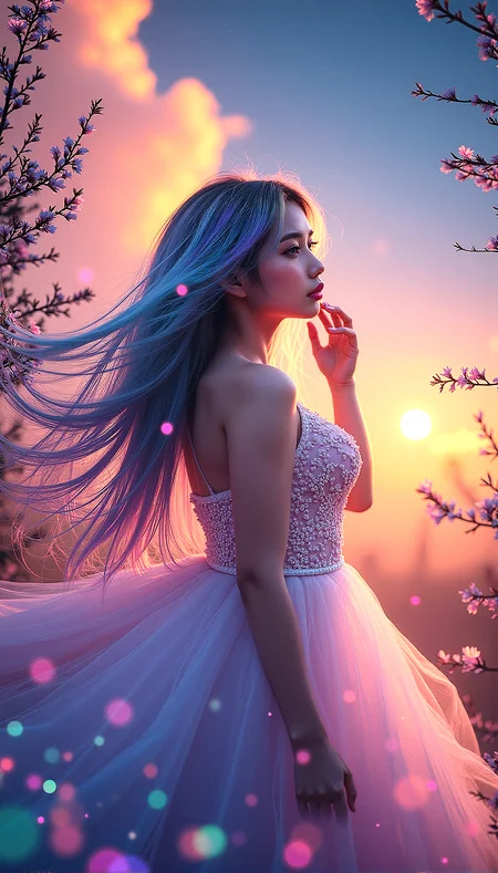 Extreme realism in a complex, highly detailed composition featuring a beautiful voluptuous woman with flowing rainbow-colored hair. The glowing background, with its vibrant colors, exaggerated details, intricate textures, and dynamic lighting, creates a whimsical, dreamy atmosphere in photorealistic quality.
Small, glowing particles floating in the air, adding a magical and ethereal quality to the scene.Clouds with an iridescent sheen, reflecting multiple colors and adding a whimsical touch to the sky.Tree branches that emit a soft light, adding a mystical and natural element to the background.
One hand is gently playing with her hair, her eyes looking softly into the distance.