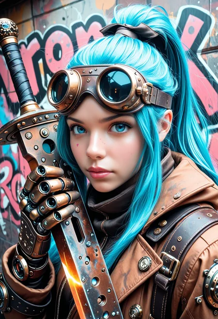 SmoothNoob_Quality, steampunk. 1girl, ponytail, pink accent, portrait, graffiti art, neon blue hair, (wielding a mechanical wide sword up to face), forehead aviator goggles, giant mechanical sword, rust sword, pink graffiti wall background, upper body, mechanical hand, <lora:Smooth_SteamPunk:0.5> <lora:Smooth_Booster_v3:0.5>