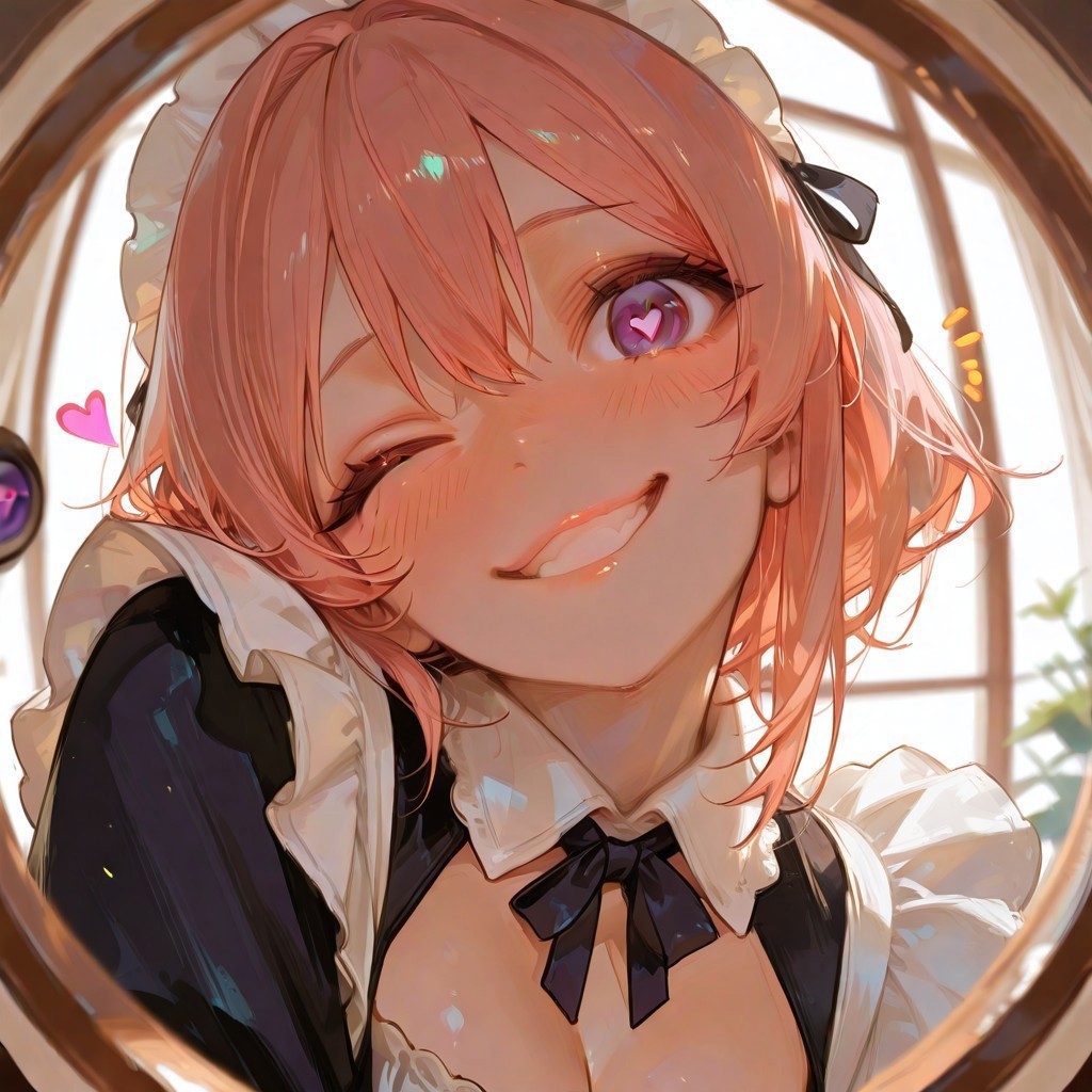  (score_9, score_8_up, score_7_up), masterwork, masterpiece, best quality, very awa, absurdres, dynamic pose, dynamic angle, (realistic:1.2), (lineless:1.2), detailed, depth of field, blurry, cheekbones, dynamic lighting,  
1girl, CivChan, pink hair, purple eyes, maid uniform:0.6, cleavage, evil grin, blush, embarrassed, head tilt, 
monitoring:1.6, (right eye focus):1.2, heart-shaped pupils, fish eye, wide perspective, pov peephole, one eye closed, close-up:1.6, staring at viewer, notice lines, 