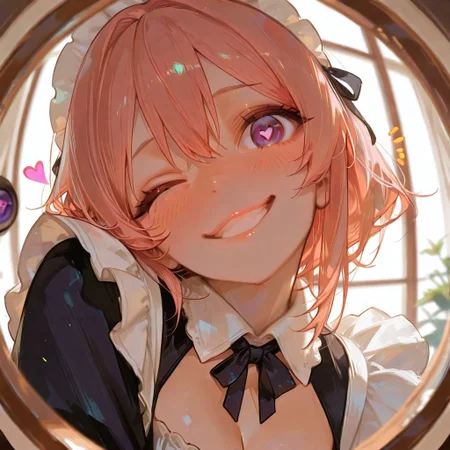  (score_9, score_8_up, score_7_up), masterwork, masterpiece, best quality, very awa, absurdres, dynamic pose, dynamic angle, (realistic:1.2), (lineless:1.2), detailed, depth of field, blurry, cheekbones, dynamic lighting,  
1girl, CivChan, pink hair, purple eyes, maid uniform:0.6, cleavage, evil grin, blush, embarrassed, head tilt, 
monitoring:1.6, (right eye focus):1.2, heart-shaped pupils, fish eye, wide perspective, pov peephole, one eye closed, close-up:1.6, staring at viewer, notice lines, 