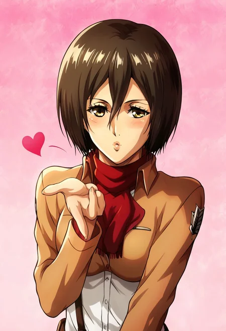 1girl, mikasa ackermann, beautiful face, detailed eyes, detailed face, both blowing kiss with one hand, heart, good hands, 4 fingers,