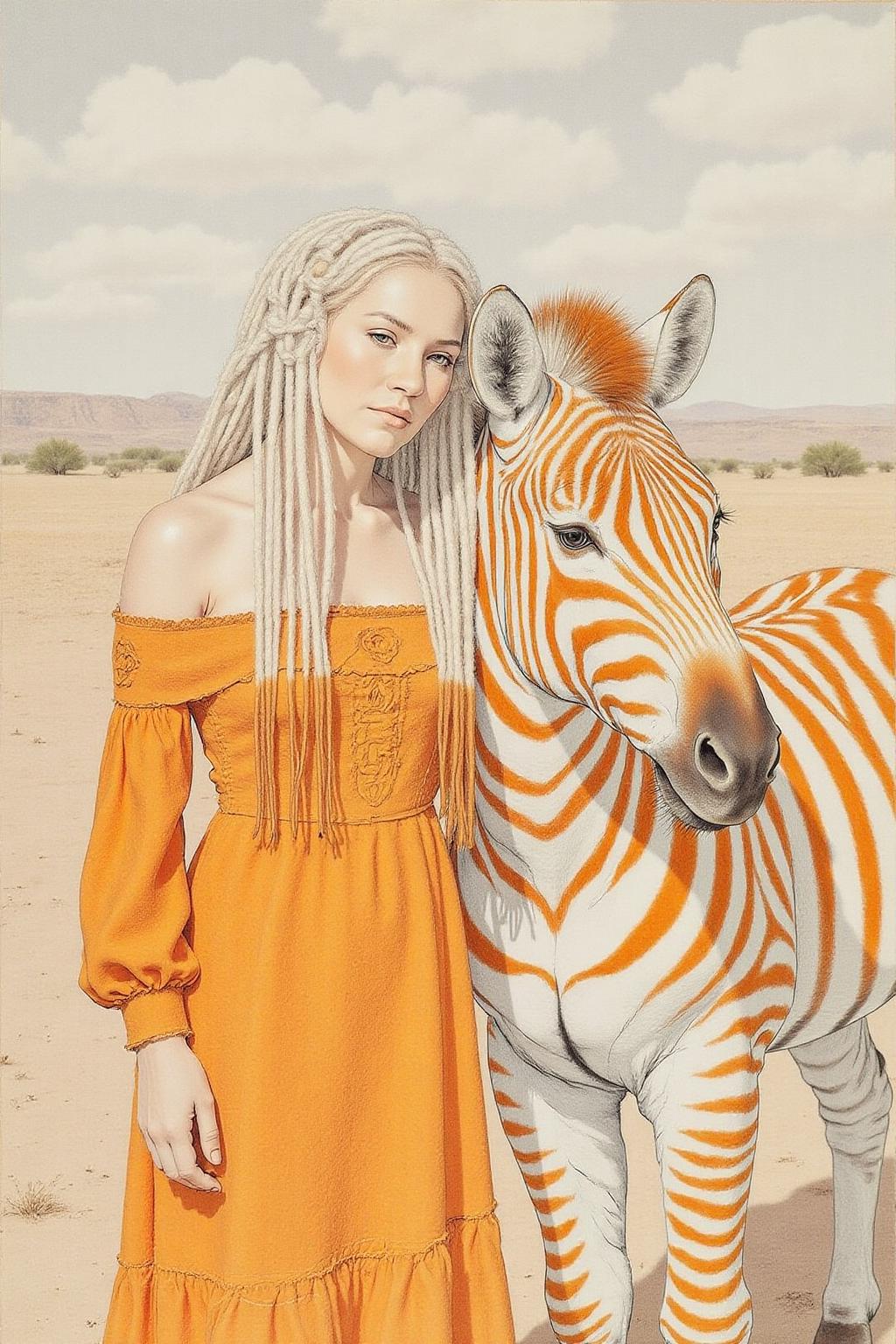 hansho1 monochromatic pencil drawing,
a woman and a zebra against a vast, arid landscape under a bright, sunny sky. The woman, with long, flowing dreadlocks dyed in a gradient from white to a vibrant orange, is dressed in an off-shoulder, long-sleeved, orange dress made of a textured fabric that appears to be a blend of cotton and silk. The dress has a ruffled hem and intricate embroidery along the neckline and sleeves. She is leaning affectionately against the zebra, which has striking white and orange stripes, creating a harmonious blend of colors. The zebra's mane is also dyed orange, matching the woman's hair. The woman's skin tone is light, and her eyes are accentuated with subtle makeup, giving her a natural yet striking appearance. The background consists of a vast, sunlit landscape with dry, sandy terrain and sparse vegetation, indicating a desert environment. The sky is mostly clear with a few scattered clouds, suggesting a bright, clear day.
 <lora:hansho2_nocap_d6a3e12:1.0><lora:817336812197473147:0>