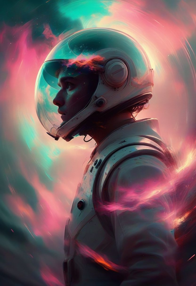 (Glitch, real life, woman next to a river in space, space helmet with clear visor, future war, spaceship in the background sky, crowd in the background, beautiful sunset afterglow environment, jarring optical effect, layered effects, dark shadows, hazy, grainy:1.2), (floating above pov, a woman looking shocked, caped crusader, muted pastel natural colors, HDR, 5mm:1.2), (art by (Marcel Marlier:1.1) and (John Sibbick:1.2)), Explosion Artstyle