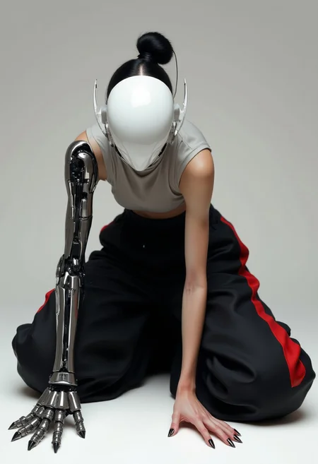 This is a high-quality digital painting of a futuristic, cybernetic character in a dynamic, low-angle pose. The character, a blend of human and machine, is depicted with a sleek, white, featureless mask covering their face, and a black bun hairstyle. mechanical wings,They wear a light grey, form-fitting top and voluminous, flowing black pants with red accents. The character's left arm is replaced with a metallic, articulated prosthetic, adorned with sharp, claw-like appendages, while the right arm appears organic. The background is a gradient of soft greys, creating a minimalist, futuristic setting. The composition uses leading lines from the character's pose and prosthetic arm, guiding the viewer's eye. The lighting is soft and even, highlighting the metallic textures and the smoothness of the character's skin. The artist's style is highly detailed and realistic, with a focus on blending organic and mechanical elements seamlessly. The depth of field is shallow, keeping the character in sharp focus while the background remains slightly blurred. The aesthetic quality of the image is very high, showcasing expert use of digital painting techniques. <lora:The_Vanguard:1.15>