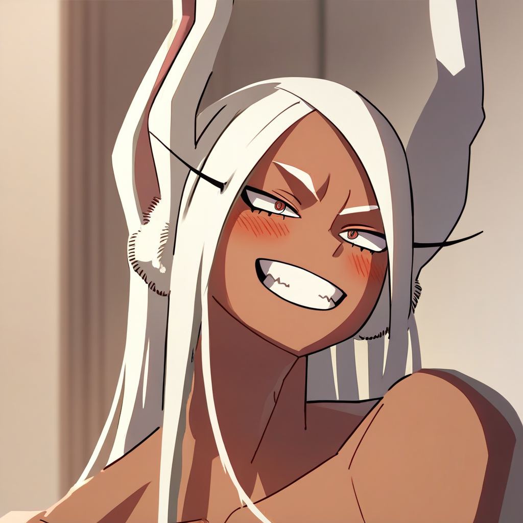 score_9, score_8_up, score_7_up, source_anime, expressive, anime,  dynamic, 1girl, Mirko\(my hero academia\), source_anime, my hero academia, Mirko, dark-skinned_female, white hair, grin, blush, uncensored, (TW1L1GHT0FTH3G0D5), source_hentai