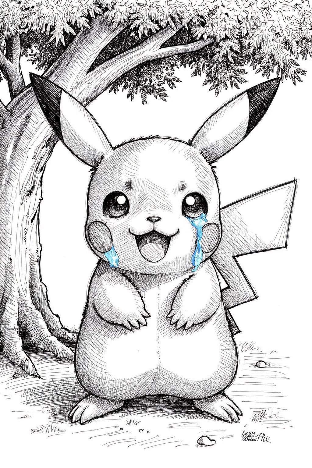 crosshatch black and white drawing.
crosshatch black and white drawing of Pikachu crying, large tear drops on his face, under a tree
 <lora:crosshatch1_nocap_d6a3:1.0><lora:807663124212702412:0>