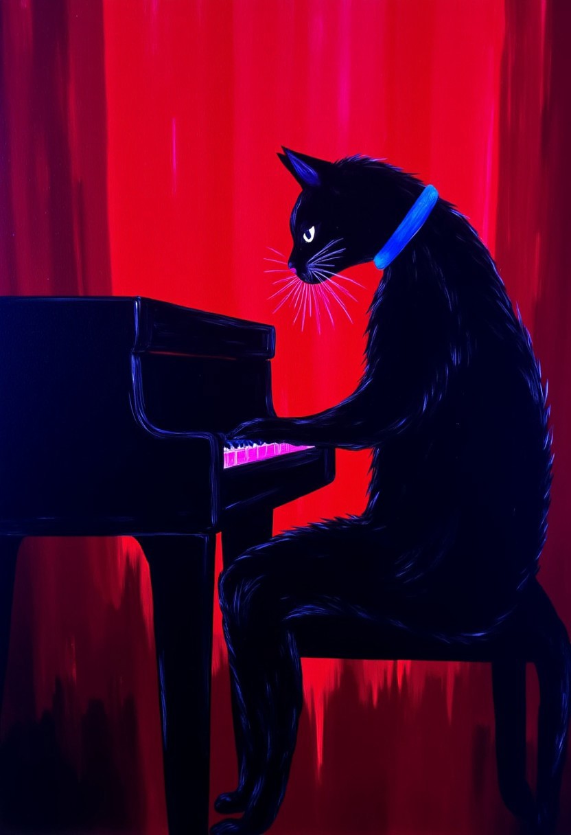 CINNAPAINT, neon colored art image : black cat playing a playing a piano on stage in a jazz club with red accent mood lighting