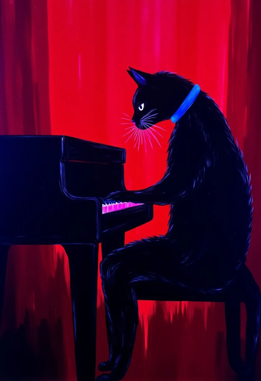 CINNAPAINT, neon colored art image : black cat playing a playing a piano on stage in a jazz club with red accent mood lighting