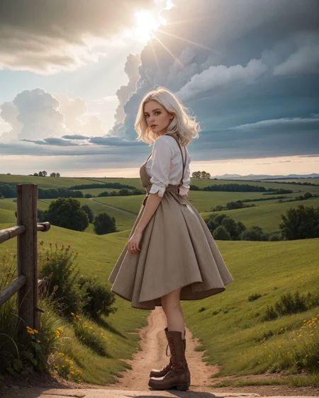 (Long shot:1.4), (Sn0frid_v1, white hair:1.3), medium bosom, (style of Dorothea Lange) rugged frontier homestead woman, 1800s Montana, linen blouse, long skirt, apron, practical sturdy boots, earthy tones, natural fibers, rustic charm, sepia-toned aesthetic, arid golden prairie, wooden cabin, wildflowers, cracked soil, farm tools, weathered textures, sun-dappled lighting, determined expression, confident pose, wind-tousled hair, (dramatic clouds:1.2), vast open landscape, vintage authenticity, pioneering spirit ,