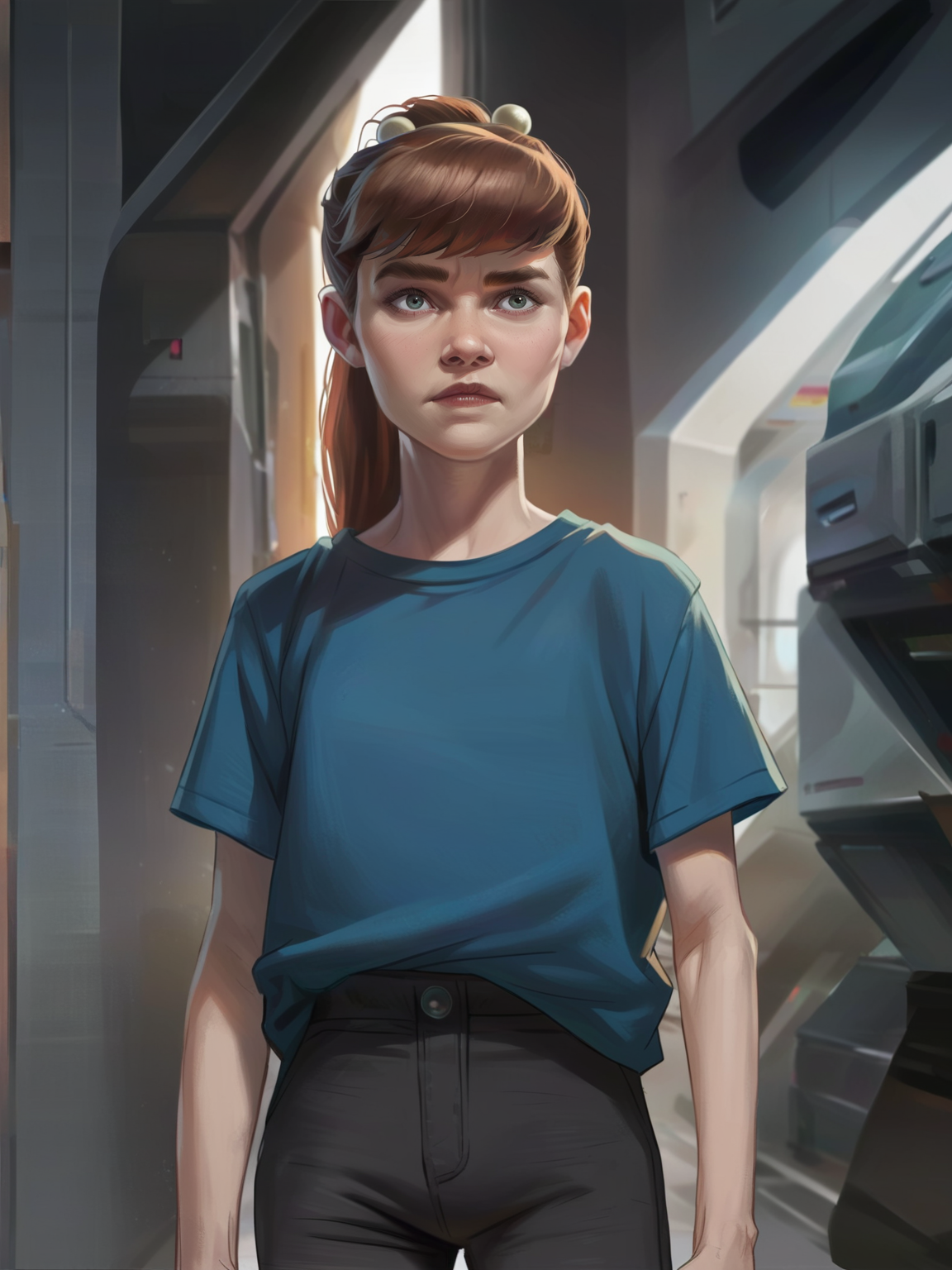 <lora:monster_girlv2:0.6> m_g, 1girl, brown ponytail hair, bangs, hairpin, small body, skinny body, grey eyes, black denim shorts, blue t-shirt, <lora:Concept Art Brush Style LoRA_Pony XL v6:0.9> realistic, concept art, digital art, score_9, score_8_up, score_7_up,