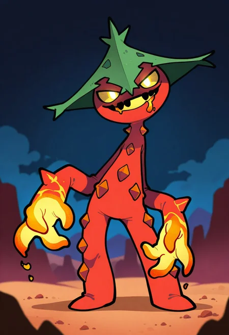 itsunknownanon, solo, feral, pokemon \(creature\), cacturne, glowing eyes, yellow eyes, red and yellow body, Magma body, lava coming from mouth, fire coming from hands, burning hands, stone body, stone hat looking at viewer, head tilt, simple background, outdoors, night, desert, fog, dark background, masterpiece, absurdres, ultra-detailed, sharp details, natural light, medium contrast, crisp edges, sharp focus, depth of field, cartoonish, female, slender body, simple arms, simple legs, sinister demeanor