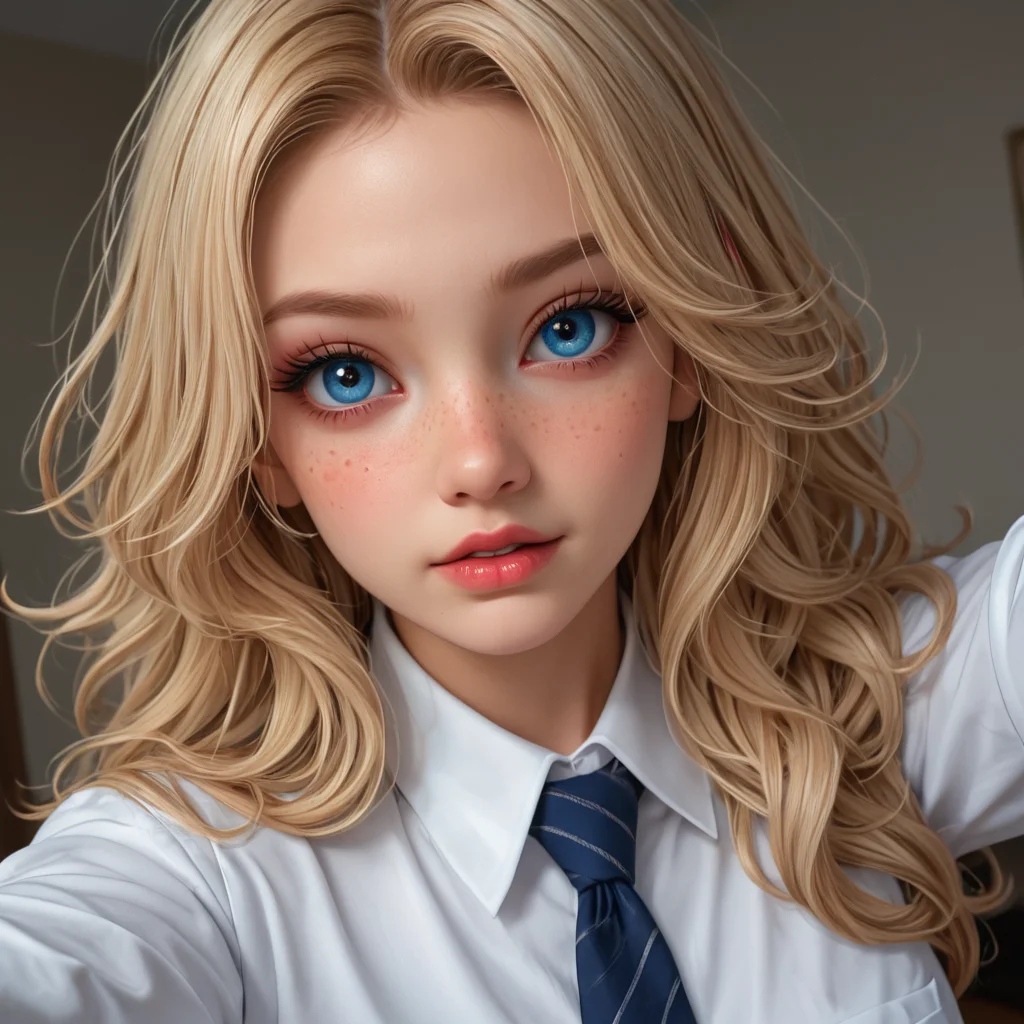 best, masterpiece, Domi with wavy blonde hair and blue eyes, extreme closeup, exotic colorful makeup, model face, model pose, selfie, highly detailed skin texture, freckles, highly detailed photo, professional photograph, dynamic lighting