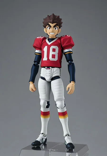 figma, figure anime style, PVC, Yaoi figure PVC, PVC boy, PVC texture, male, High Quality, perfect anatomy, HD, anime style, break
TAROU RAIMON, 1boy, solo, alone, brown hair, thick eyebrows, dark brown eyes, athletic build, smiling, posing, looking at viewer, football uniform, tight uniform, red and white uniform,