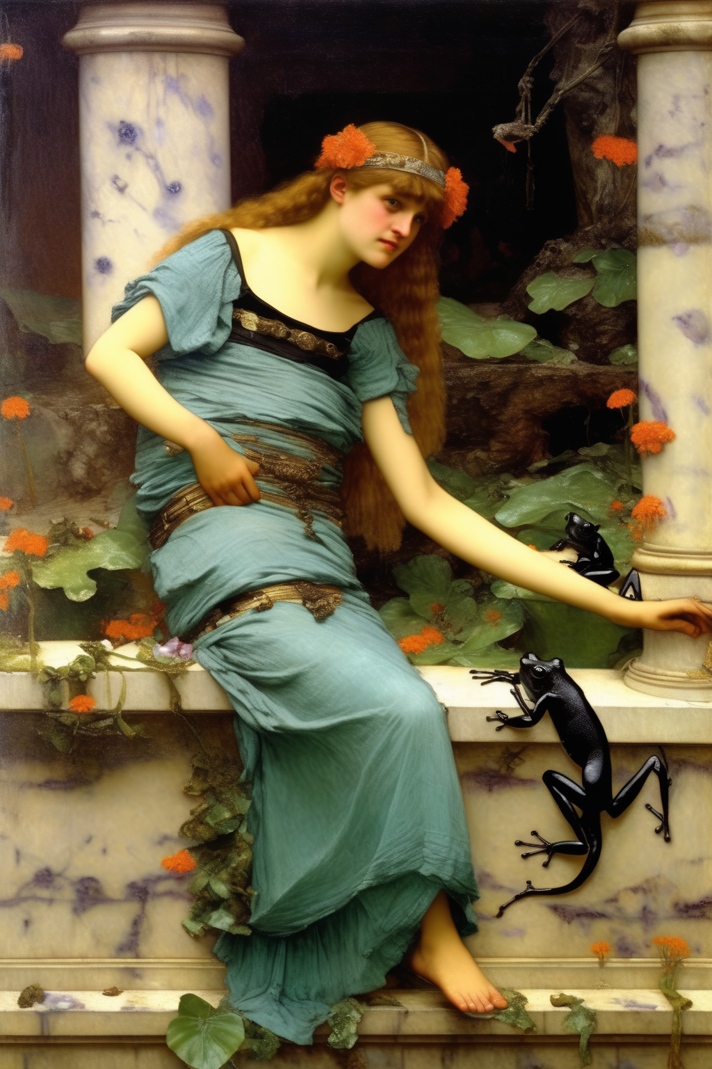 <lora:Lawrence Alma Tadema Style:1>Lawrence Alma Tadema Style - high definition art nouveau painting with dart frogs and a girl made