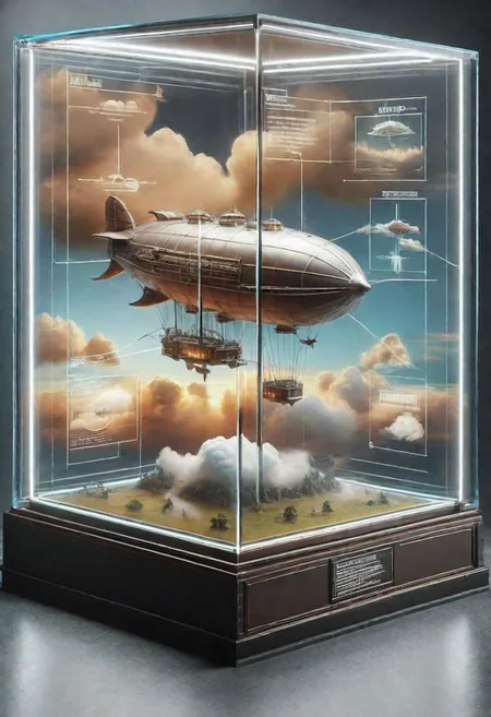 Display case of airship among clouds in war environment