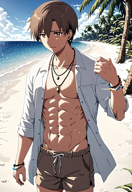 high resolution, solo, best quality, 1Boy, Takaki Toono, Brownish Hair, Brown Eyes, shallow depth of field, beach, open shirt, shorts, sixpack, necklace, bracelet, coconut tree, OverallDetail
