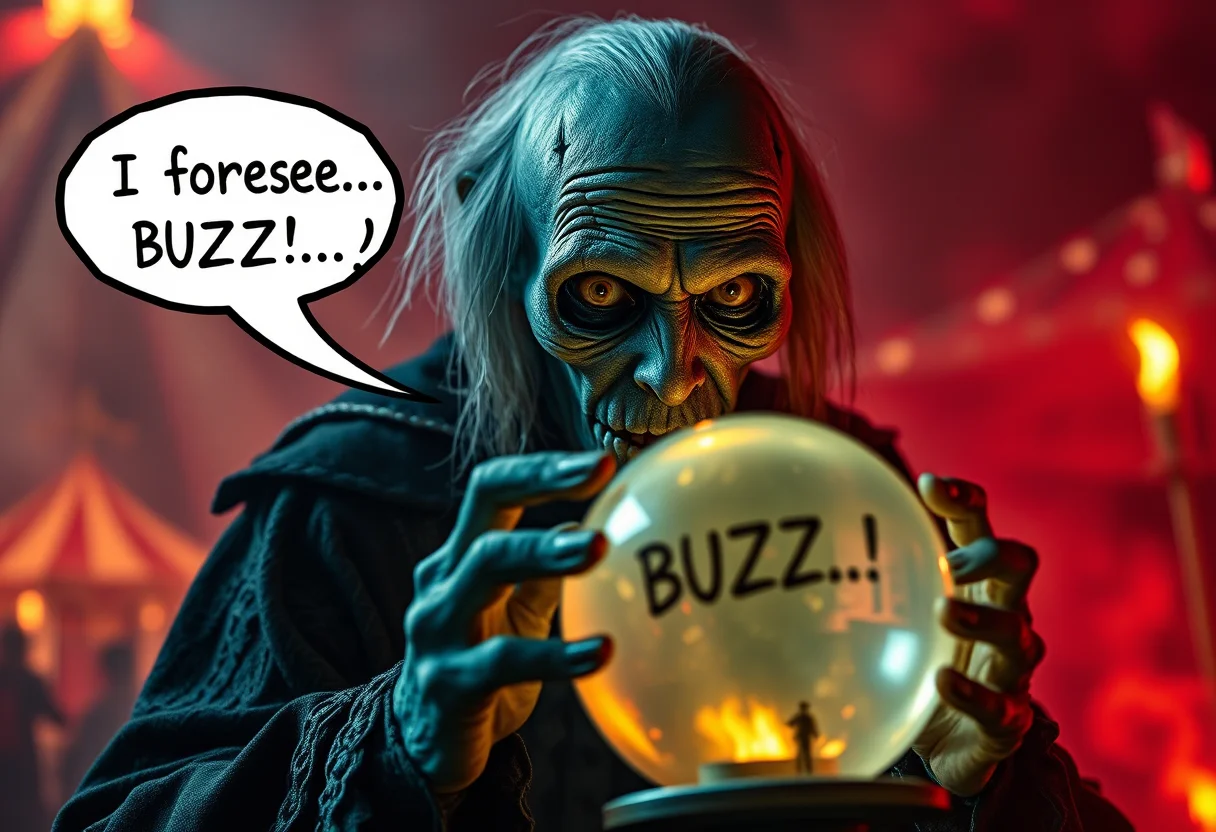 4k (realistic)AN OLD DIABOLIC ZOMBIE WOMAN fortune teller looking into a crystal ball with a speech bubble saying, "I foresee... BUZZ...?" 

realistic circus in the background, foggy and light from the background
RED SMOKE AND HELL FIRE