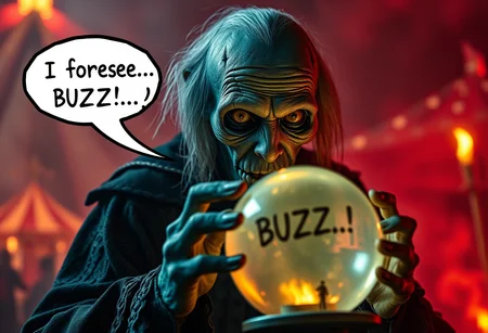 4k (realistic)AN OLD DIABOLIC ZOMBIE WOMAN fortune teller looking into a crystal ball with a speech bubble saying, "I foresee... BUZZ...?" 

realistic circus in the background, foggy and light from the background
RED SMOKE AND HELL FIRE