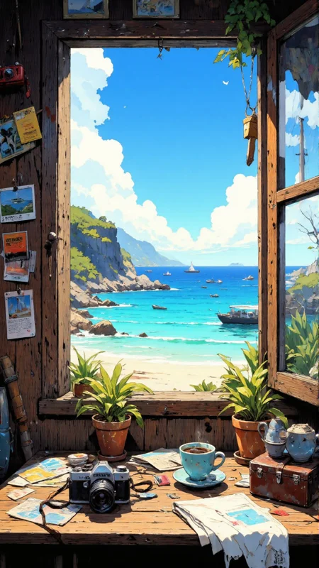 Comic book style, aidmaimageupgrader,A beautifully detailed, semi-realistic anime-style illustration of a cozy seaside view from a rustic wooden window. A vintage film camera with metallic and leather details sits on a weathered wooden table, alongside a warm cup of tea in a light blue mug with a cute face design. Scattered around are nostalgic travel photos and postcards, capturing moments of past adventures. The wooden frame of the window is decorated with small polaroid pictures, old tickets, and a classic red camera hanging from a nail. Through the open window, a breathtaking beach scene unfolds—crystal-clear turquoise waters, small anchored boats, a distant rocky coastline, and a bright blue sky with fluffy white clouds. The sunlight casts a warm glow, enhancing the relaxing and peaceful atmosphere. The art style is rich in details with a painterly touch, blending vibrant colors and intricate textures for a dreamy, wanderlust-filled aesthetic, <lora:Comic book V2_flux_styles:1> , <lora:aidmaImageUpraderv0.3:0.5>