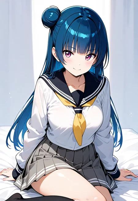 score_9, score_8_up, score_7_up, score_6_up, source_anime,BREAK
1girl
<lora:Hyper-SDXL-8steps-lora:1>
<lora:age_slider_v4:-0.5>
<lora:SDXL_yoshiko_p718:0.7> yoshiko
solo, tsushima yoshiko, long hair, blue hair, (single hair bun, single side bun:1), looking at viewer,
bangs, purple eyes, blush, collarbone,breasts, smile,
simple background, white background, blunt bangs,
thighs,
school uniform,
neckerchief, pleated skirt, serafuku,shirt, grey skirt, yellow neckerchief, uranohoshi school uniform,
skirt, black thighhighs, long sleeves,