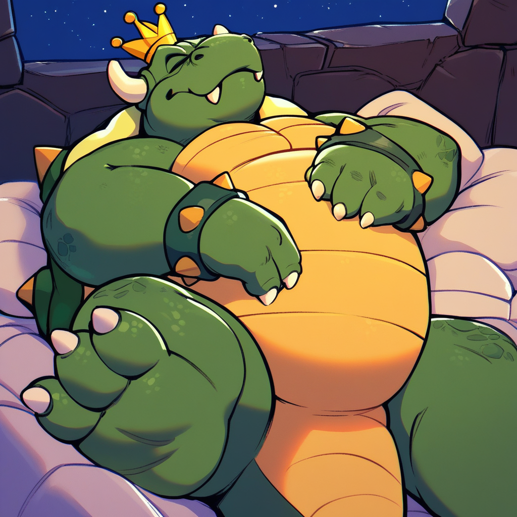 score_9, score_8_up, score_7_up, score_6_up, score_5_up, score_4_up, king koopa, turtle, furry, chubby, fat, green skin, yellow belly, reptile, crown, spiky shell, horns, spiky bracelets, three toes, night, sleeping on bed, sleeping