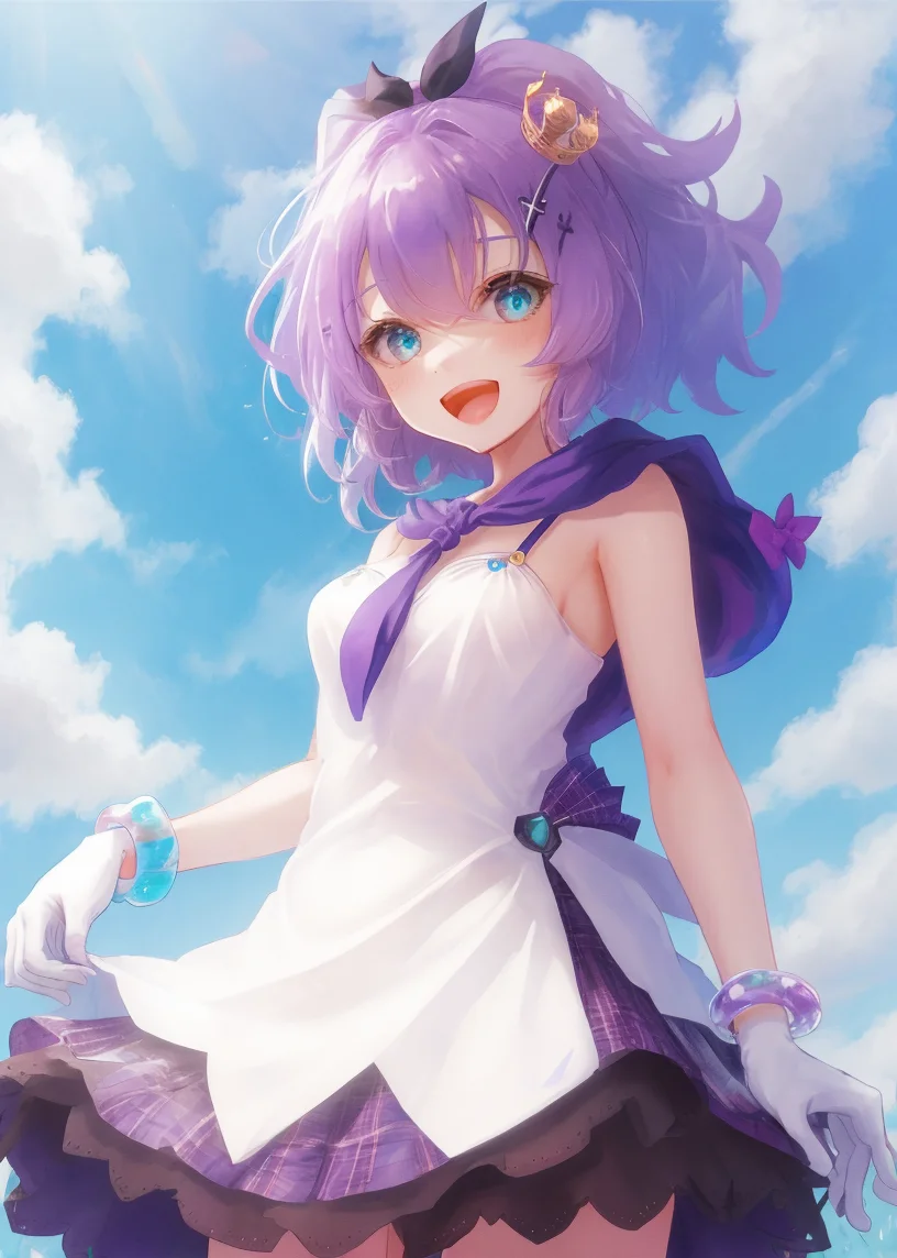 <lora:javelin_v1.0:0.8>,1girl, solo,bracelet,white gloves, camisole, ribbon, purple_hair, mini_crown,white_camisole, hair_ornament, looking_at_viewer, black_ribbon, hair_ribbon,blue hood, :d, outdoors, from below, skirt lift, masterpiece, best quality,